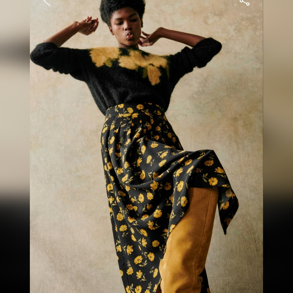 Sezane Alicia Floral Black and Yellow Midi-Length Skirt
